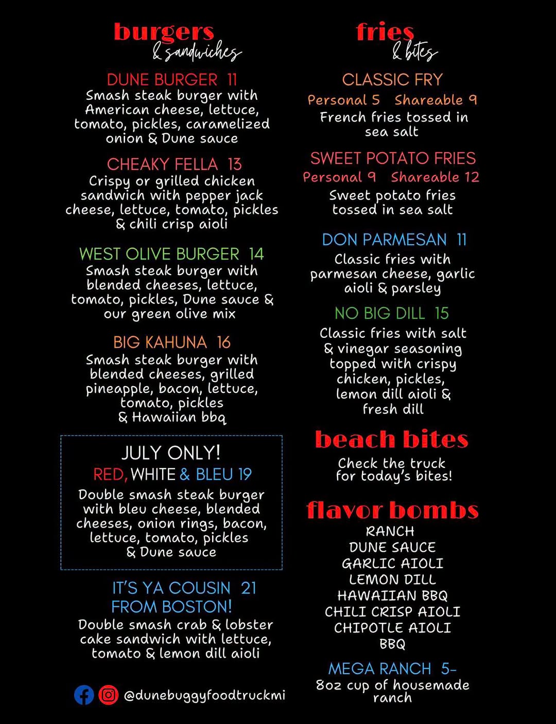This month's Dune Buggy menu